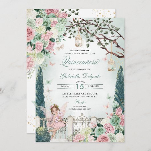 Rosa Märchenprinzessin Verzauberter Garten Quincea Einladung (Vorne/Hinten)