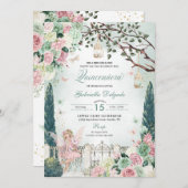 Rosa Märchenprinzessin Verzauberter Garten Quincea Einladung (Vorne/Hinten)