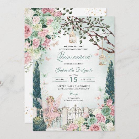 Rosa Märchenprinzessin Verzauberter Garten Quincea Einladung (Vorne/Hinten)