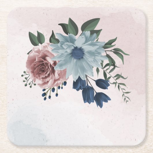 Rosa Marineblau dustig blühende Blumengrün Rechteckiger Pappuntersetzer (Vorderseite)