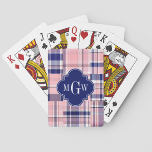 Rosa, Marineblau Preppy-Patchwork-Madras-Monogramm Spielkarten