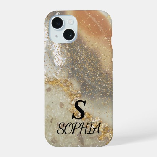 Rosa Marmor Chic Gold Glitter Monogramm iPhone 15 Hülle (Rückseite)