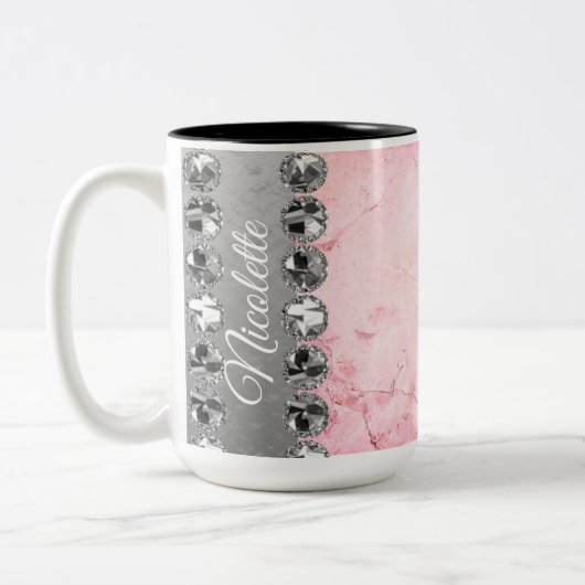 Rosa Marmor Diamond Bling Zweifarbige Tasse (Links)