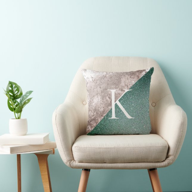 Rosa Marmor Glittery Green Monogram Kissen (Stuhl )