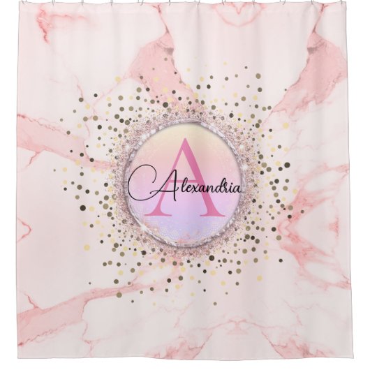 Rosa Marmor Glitzer Monogram Personalisiert Duschvorhang (Vorderseite)