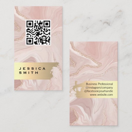 Rosa Marmor Gold Flakes | QR-Code Visitenkarte (Vorne/Hinten)