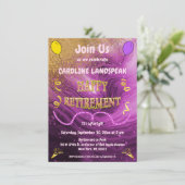 Rosa Marmor & Gold Streamers glückliche Pensionier Einladung (Stehend Vorderseite)