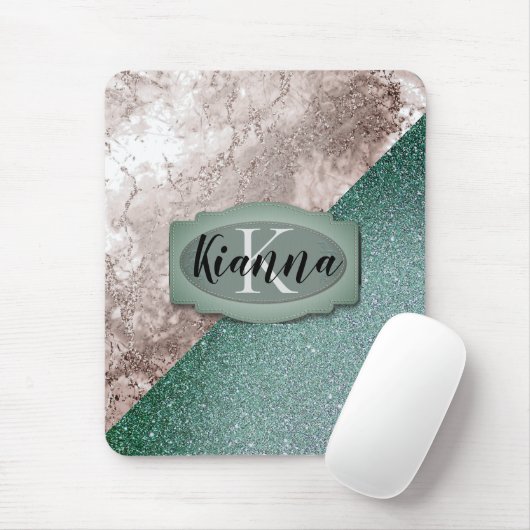 Rosa Marmor Minty Green Monogram Mousepad (Mit Mouse)