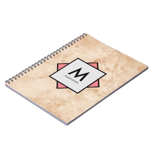 Rosa Marmor Rock Textur mit Name und Monogramm auf Notizblock (Linke Seite)