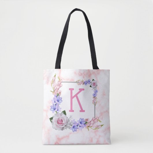 Rosa Marmor Rose Bouquet Monogram Tasche (Vorderseite)