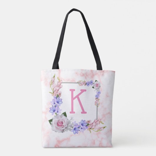 Rosa Marmor Rose Bouquet Monogram Tasche (Rückseite)