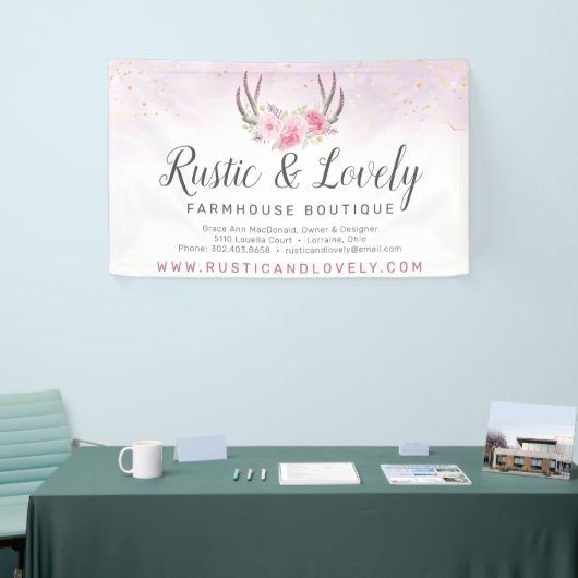 Rosa Marmor Rustikale Floral Antlers Chic Banner (Messeveranstaltung)