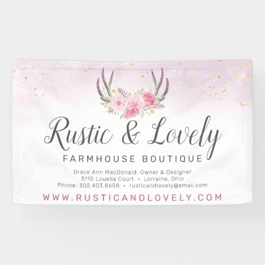 Rosa Marmor Rustikale Floral Antlers Chic Banner (Horizontal)