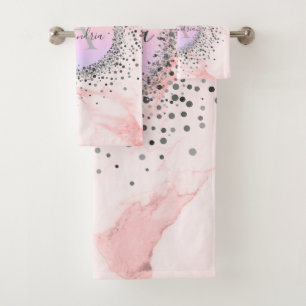 Rosa Marmor Silver Speckled Glittery Monogram Badhandtuch Set