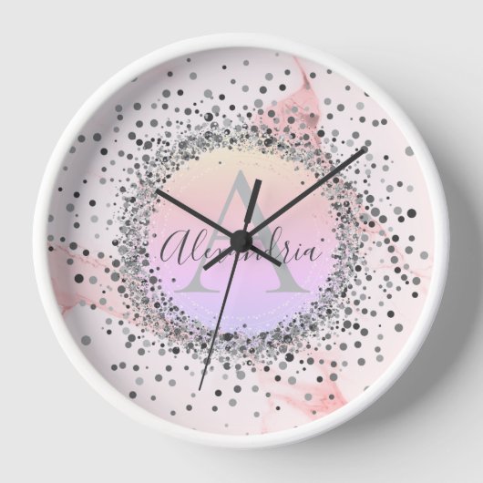 Rosa Marmor Silver Speckled Glittery Uhr (Vorderseite)