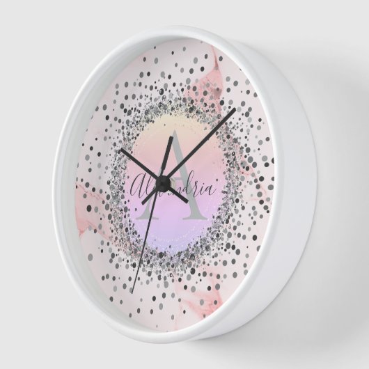 Rosa Marmor Silver Speckled Glittery Uhr (Winkel)