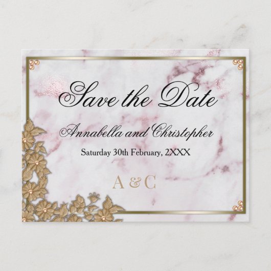 Rosa Marmor und Perlenhochzeit speichern das Datum Postkarte (Vorderseite)