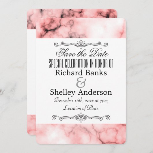 Rosa Marmormatte mit Extravaganten Elementen Save The Date (Vorne/Hinten)