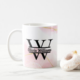 Rosa Marmormonogramm   Girly Modern Gold Glitzer Kaffeetasse