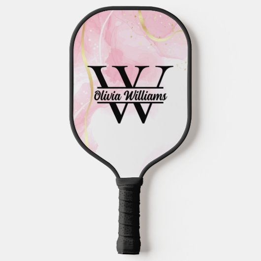 Rosa Marmormonogramm | Girly Modern Gold Glitzer Pickleball Schläger (Rückseite)