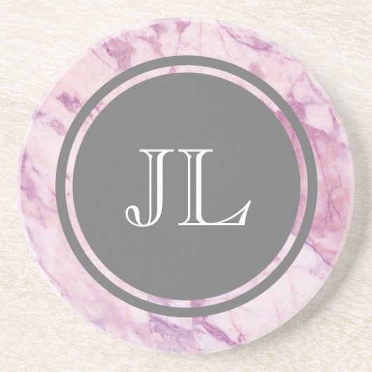 Rosa Marmormonogramm mit grauem Circle Motif Sandstein Untersetzer (Vorne)