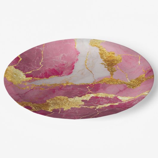 Rosa Marmormuster mit Gold Pappteller (Schrägansicht)