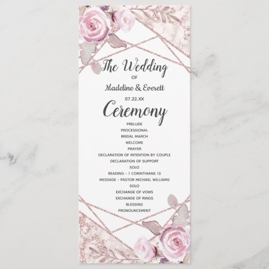 Rosa Marmorrahmen Flora Hochzeitsprogramm Programm (Vorderseite)