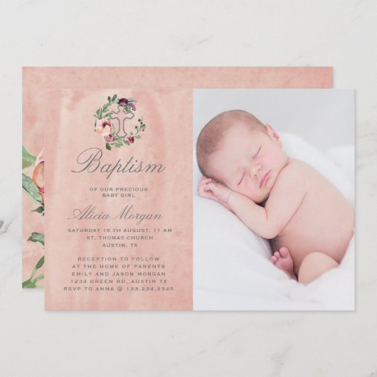 Rosa Marsala Blumen elegante Taufe Einladung (Vorne/Hinten)