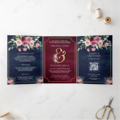 Rosa Marsala Floral Ampere und Navy QR Code Hochze Dreifach Gefaltete Einladung (Innenseite)