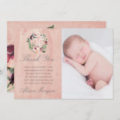 Rosa Marsala florale Taufe Dank Karte (Vorne/Hinten)