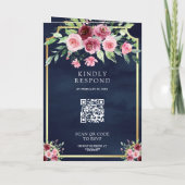 Rosa Marsala Florales Und-Zeichen Navy QR-Code Hoc Einladung (Rückseite)