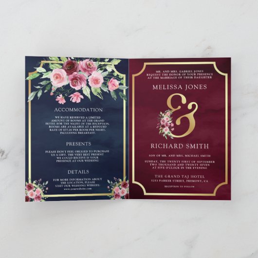 Rosa Marsala Florales Und-Zeichen Navy QR-Code Hoc Einladung (Innenseite)