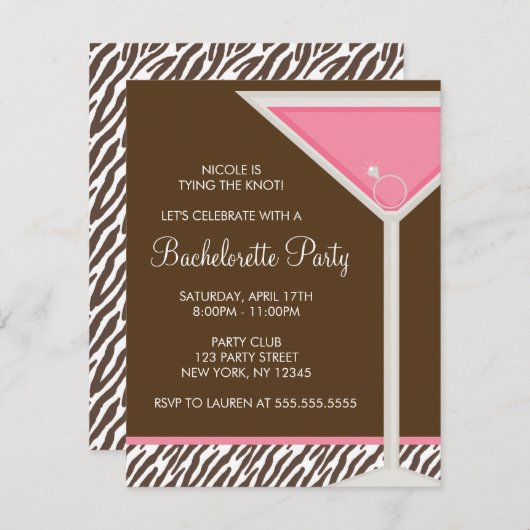 Rosa Martini-Junggeselinnen-Abschied Einladung (Vorne/Hinten)