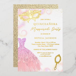 Rosa Maskenball-Abendkleid Quinceanera Folieneinladung
