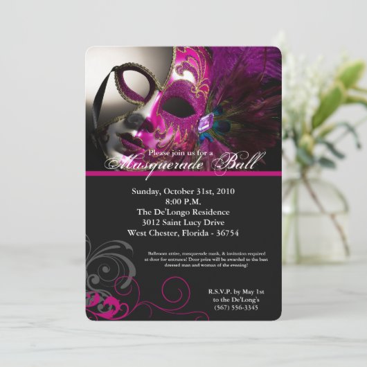 Rosa Masquerade Ball Maske Kostüm Halloween Teil Einladung (Stehend Vorderseite)