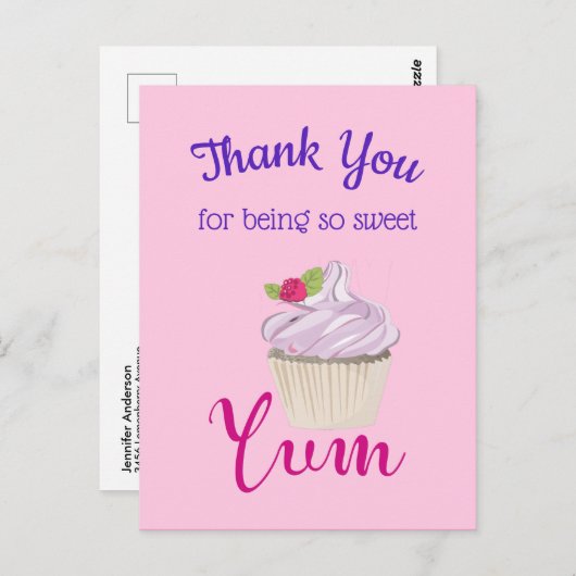 Rosa Mattiert Cupcake Yum! Danke Postkarte (Vorne/Hinten)
