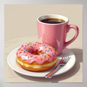 Rosa, Mattierter Donut und Kaffee Poster