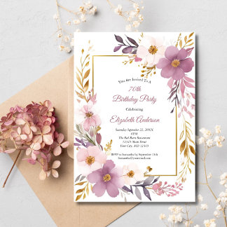 Rosa Mauve Gold Aquarell Floral 70. Geburtstag Einladung