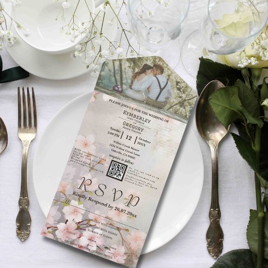 Rosa Mauve Sakura Kirschblüten Foto QR Code All In One Einladung