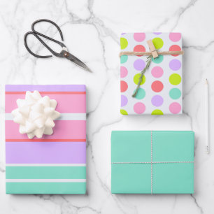 Rosa-Mauve- und Blaue Streifen und Punkte Geschenkpapier Set