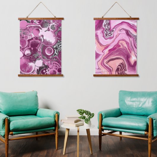 Rosa, Mauve und Magenta Marmorflüssigkeit Kunst Wandteppich Mit Holzrahmen (Wohnzimmer)