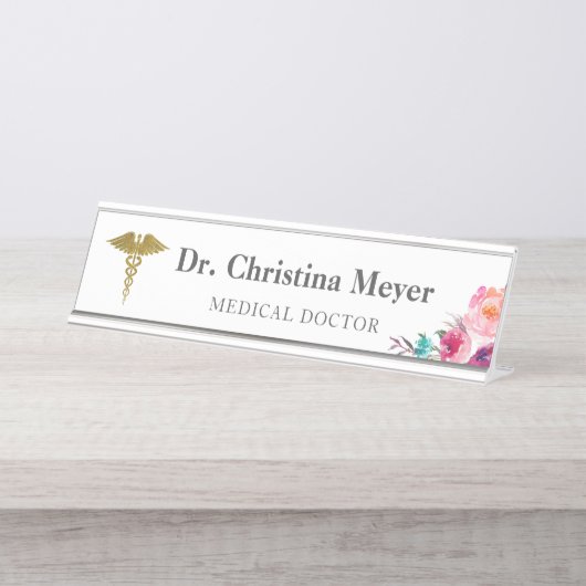 Rosa medizinischer Caduceus-mit Schreibtischnamensplakette (Vorderseite )