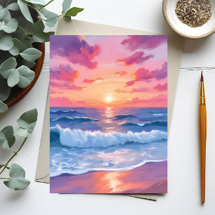 Rosa Meereswellen Sonnenuntergang Wasserfarbe Postkarte