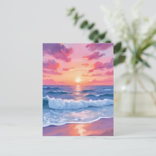 Rosa Meereswellen Sonnenuntergang Wasserfarbe Postkarte (Stehend Vorderseite)
