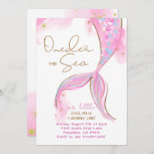 Rosa Meerjungfrau 1. Geburtstag Party ONEder Sea Einladung (Vorne/Hinten)