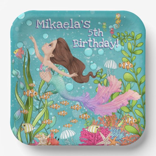 Rosa Meerjungfrau Braun Haar unter dem Meer Geburt Pappteller (Vorderseite)