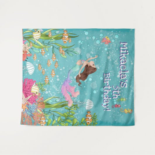 Rosa Meerjungfrau Brünett unter der Mauer Wandteppich (Vorderseite (Horizontal))