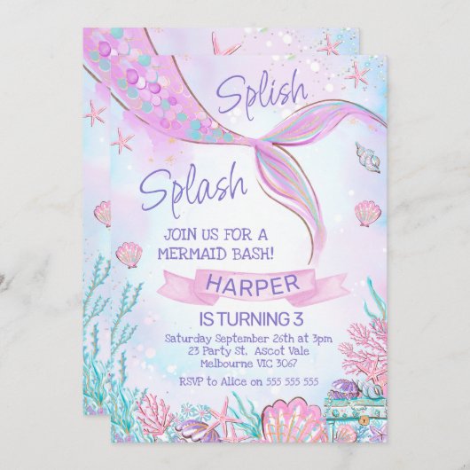 Rosa Meerjungfrau Schwanz unter dem Meer Geburtsta Einladung (Vorne/Hinten)