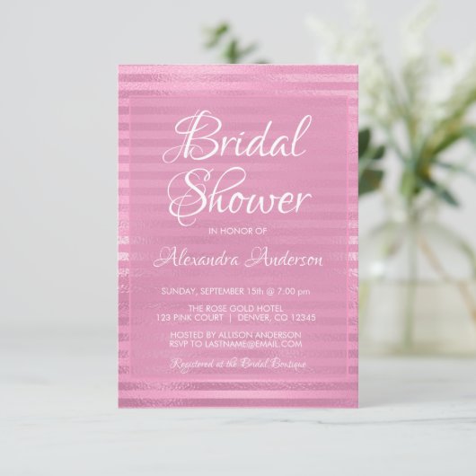 Rosa Metallic Foil Girly Strily Brautparty Einladung (Stehend Vorderseite)