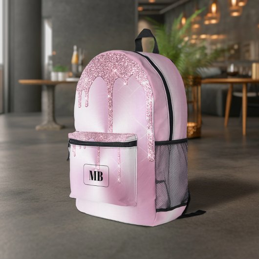 Rosa Metallischer Glitzer Tropfen Mit Monogramm Bedruckter Rucksack
